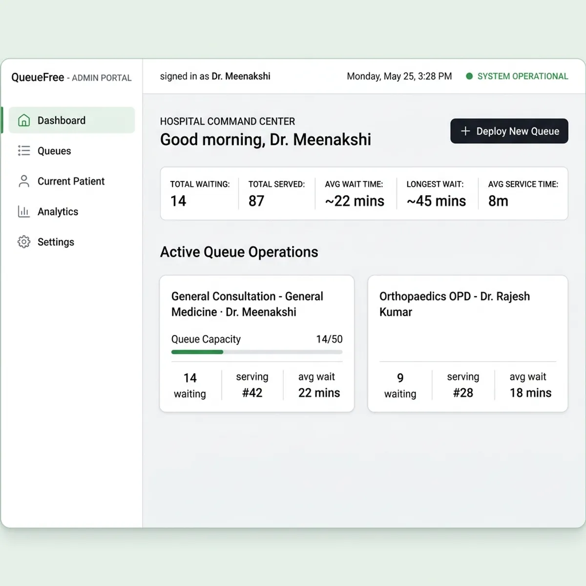 QueueFree Admin and Token Desk view